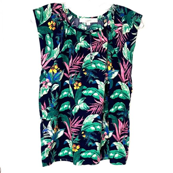 Loft Wms Petite S Tropical Navy Botanical Floral Flutter Sleeve Top Summer - Picture 1 of 8